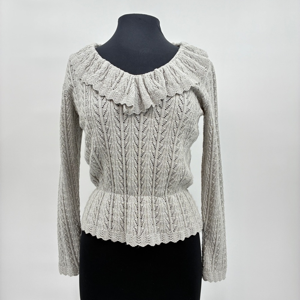 Vintage Women’s 70s Lace Collar Open Knit Elastic Waist Silver Sweater Sm/Med